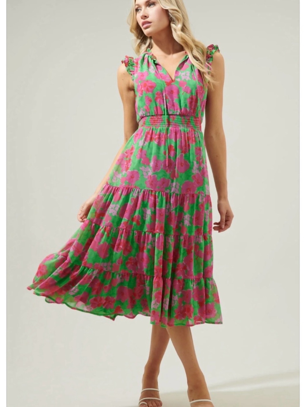 Sugarlips Sandia Floral Pisces Smocked Midi Dress